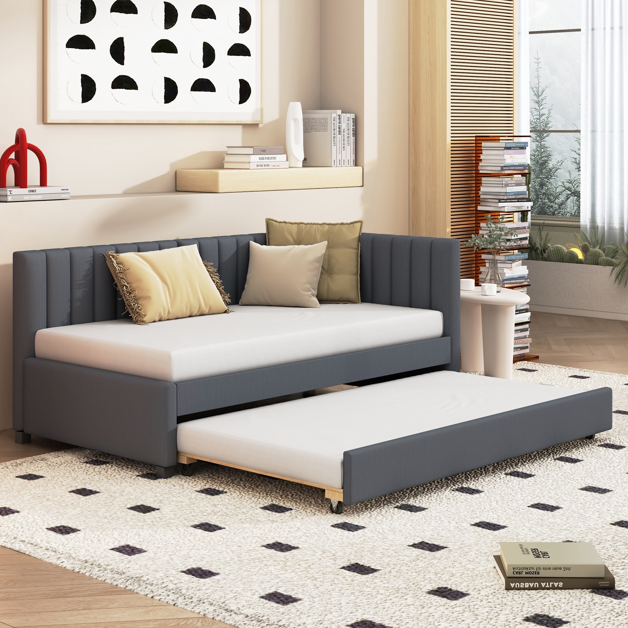Bellemave Full Size Daybed with Trundle, Linen Upholstered Daybed with ...