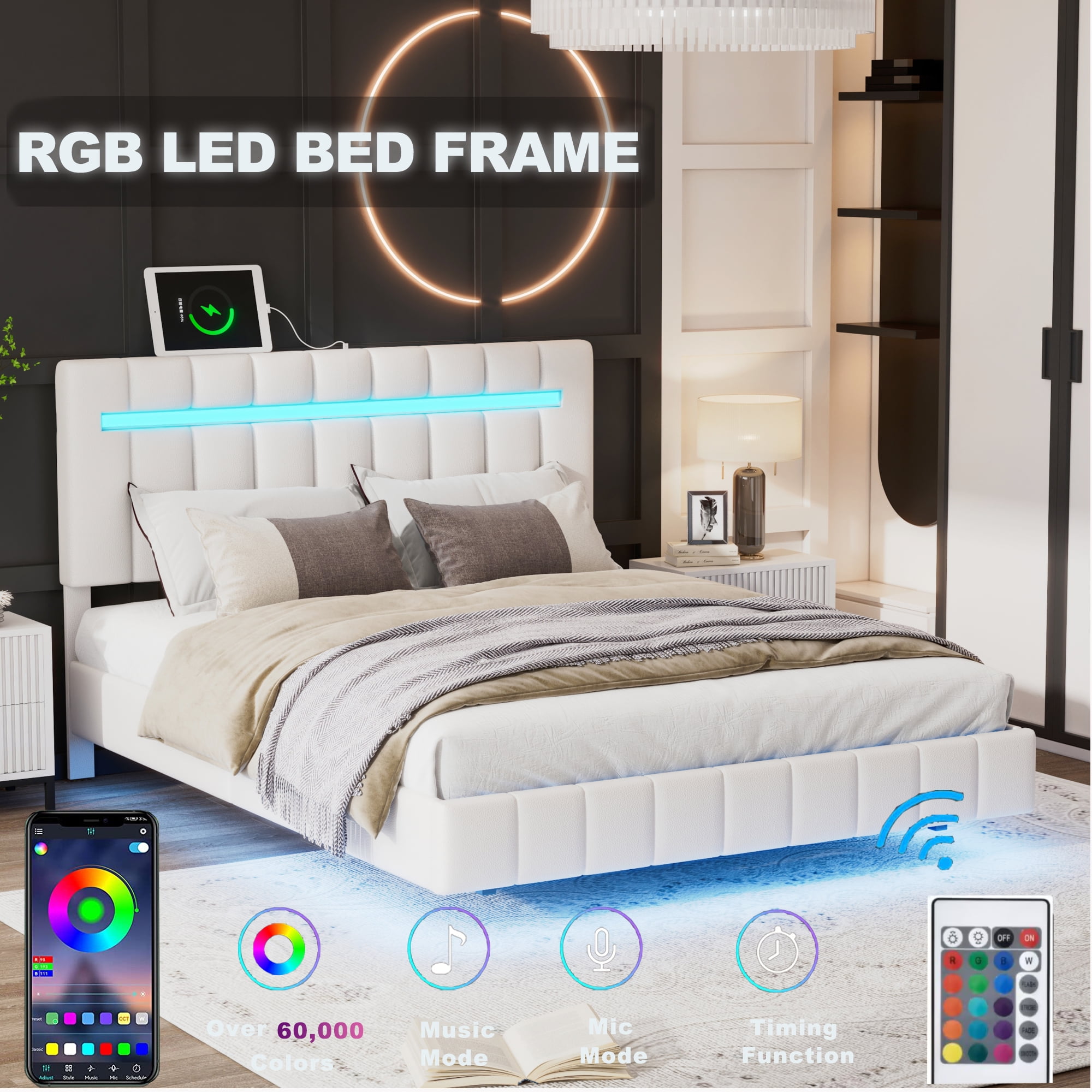 Bellemave Full Size Floating Platform Bed with RGB LED Light and USB
