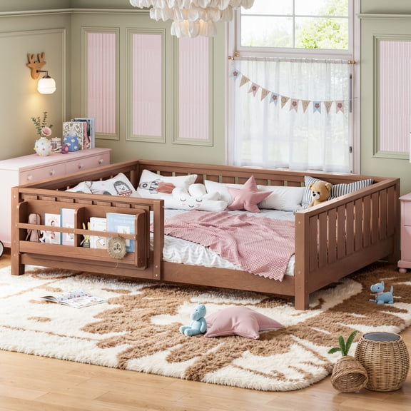 Bellemave Full Size Floor Bed with Bookshelf,  Full Montessori Floor Bed Frame with Safety Guardrail, Low Profile Full Bed with Fence, Full Size Floor Bed with Headboard, Natural