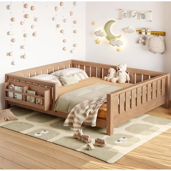 Bellemave Full Size Floor Bed with Bookshelf, Wood Montessori Beds with Slats and Safety Guardrail, Low Profile Queen Bed Frame with Fence, No Box Spring Needed (Natural)