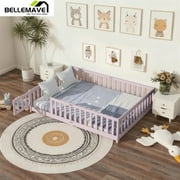 Bellemave Montessori Twin Size Solid Wood Floor Bed with Fence and Door, Natural