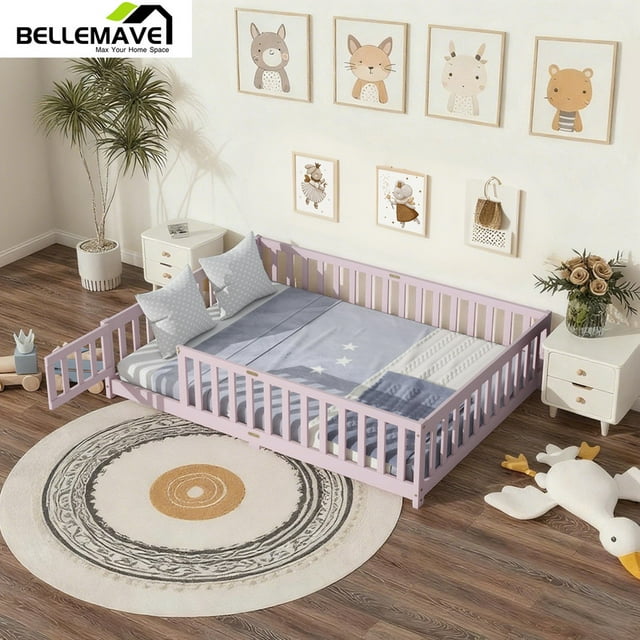 Bellemave Full Size Floor Bed with Door and Fence Floor Bed with Bed Slats Sturdy Wood Floor Bed Montessori Bed Frame (Full, Pink)