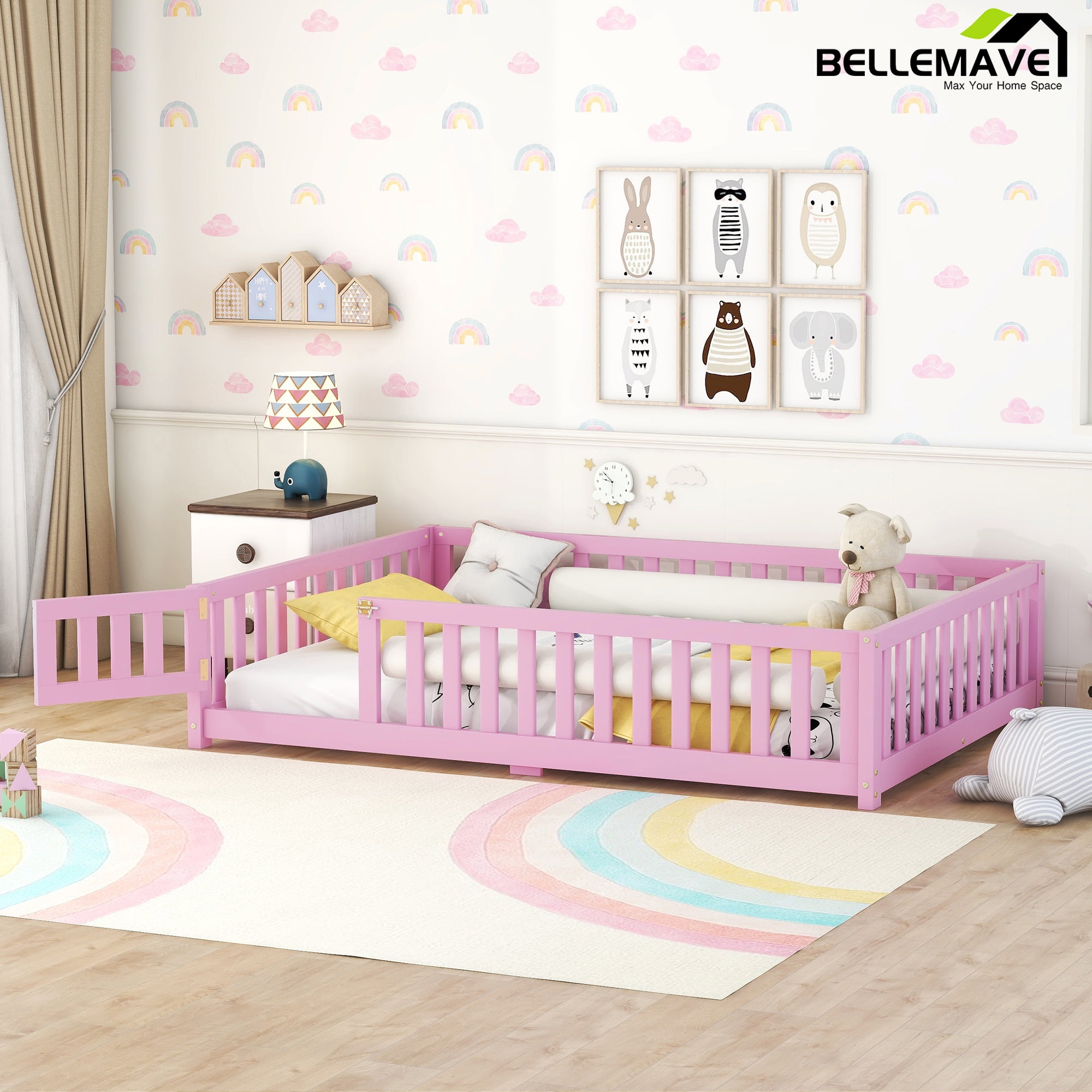 Bellemave Full Size Floor Bed with Door and Fence Toddler Floor Bed