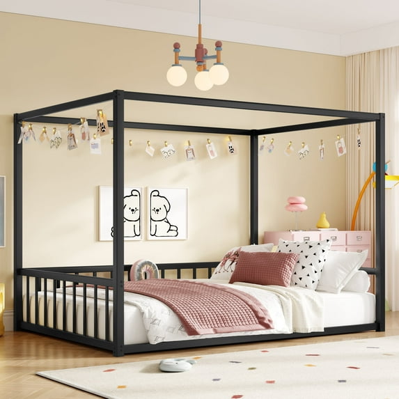 Bellemave Full Size Floor Bed Frame with 4-Poster and Fence Guardrails Metal Floor Canopy Bed Montessori Bed (Full, Black without Wardrobe)