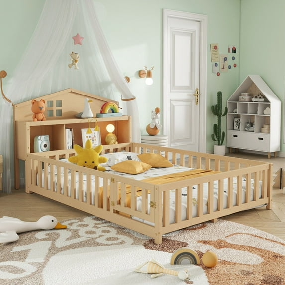 Bellemave Full Size Montessori Bed with Bookcase,Wooden Floor Bed with Fence Rails and Door, Full Playhouse Beds with Storage Headboards, No Box Spring Needed (Natural)