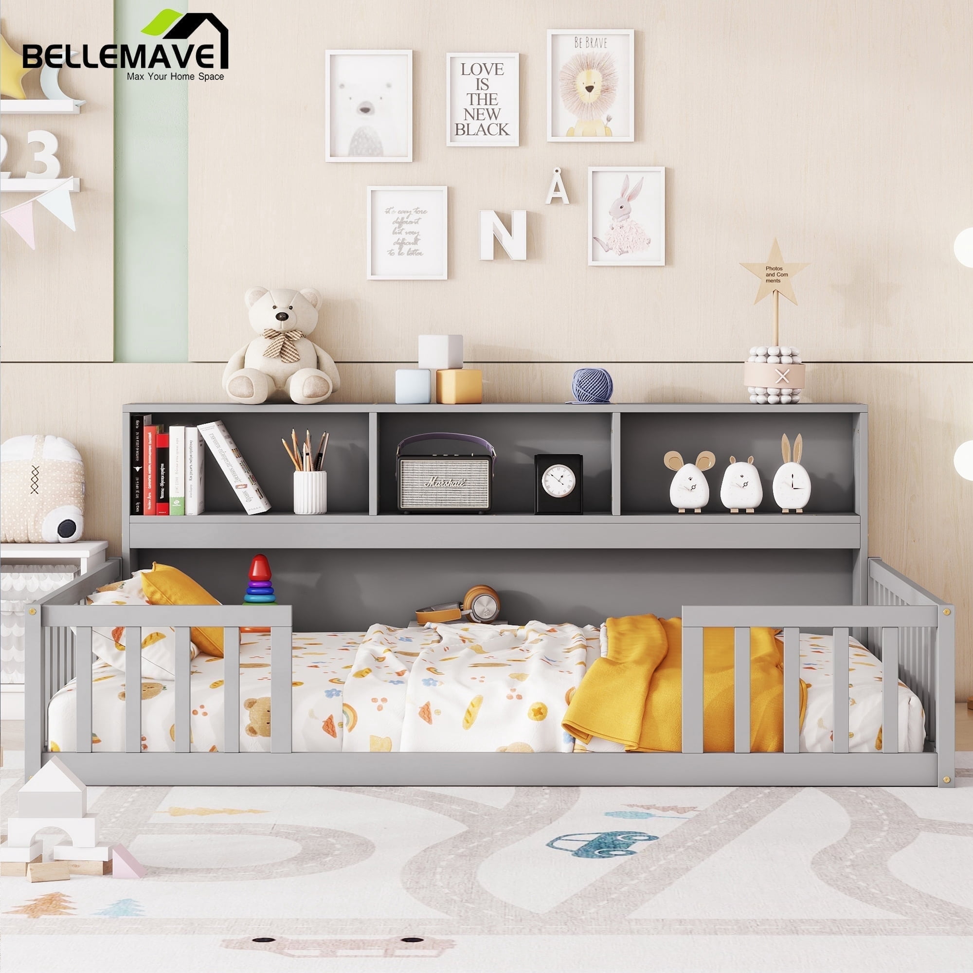 Bellemave Full Size Floor Bed Frame with Fence and Bookcase  Floor Bed Low Montessori Bed Frame with Storage Shelves (Full, Gray)