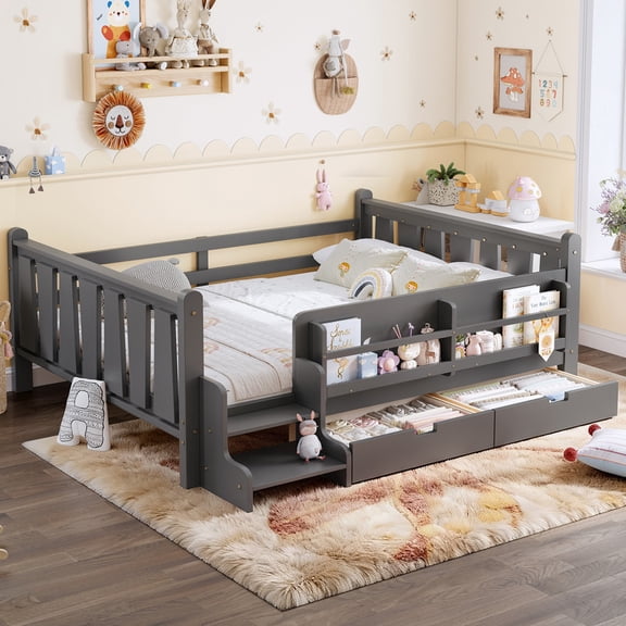 Bellemave Full Size Floor Bed with Guardrails and Storage, Low Profile Montessori Bed Frame with Drawers, Bookcases and Stairs, Solid Wood Kids Bed with Slats, No Box Spring Needed (Gray)