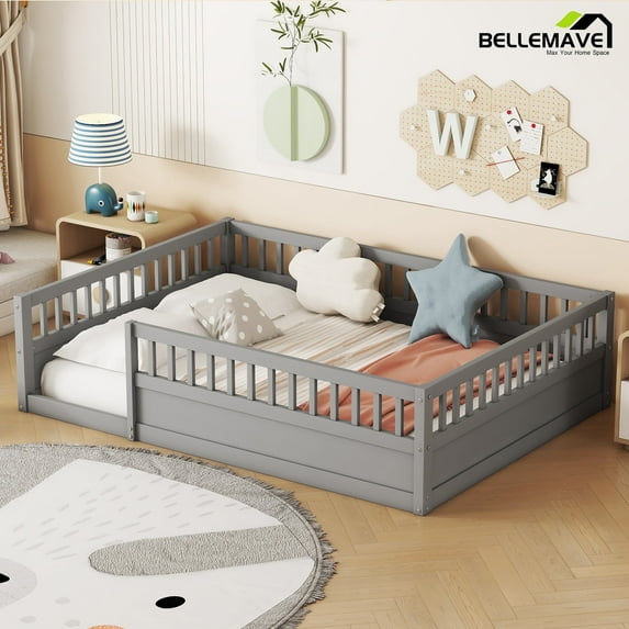 Bellemave Full Size Floor Bed with High Fence Guardrails Floor Bed without Door and Slats Full Wooden Floor Bed Montessori Bed Frame(Full, Gray, Without Door)