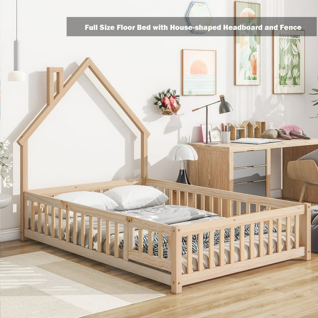 Bellemave Full Size Floor Bed with House-shaped Headboard and Fence Full Wood Floor Bed Frame with Guardrails and Door Montessori House Bed, Natural