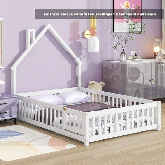 Bellemave Full Size Floor Bed with House-shaped Headboard and Fence Full Wood Floor Bed Frame with Guardrails and Door Montessori House Bed, White