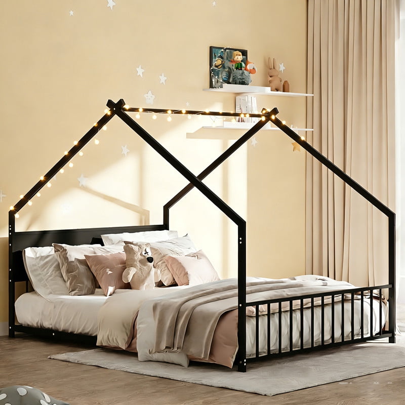 Full Size Montessori Bed with LED Light Strips, Metal Floor Bed with Headboard and Footboard, Full House Bed Frame with Slats Support（Black)