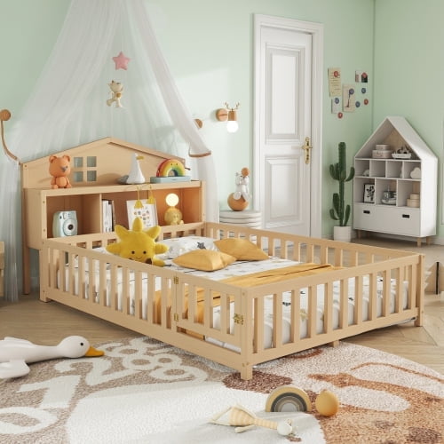Bellemave Full Size Floor Bed, Solid Wood Floor Platform Bed with Bookcases, Montessori Floor Bed with Fence Guardrail and Door, Full Platform Bed with Storage Headboards, Natural