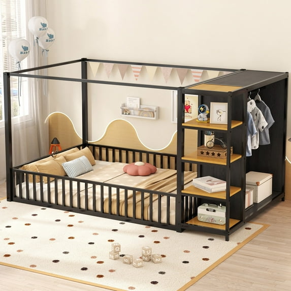 Bellemave Full Size Floor Bed with Wardrobe Metal Floor Canopy Bed with Guardrails and Storage Shelves Montessori Bed for Toddler Kids Boys Girls (Full, Black)