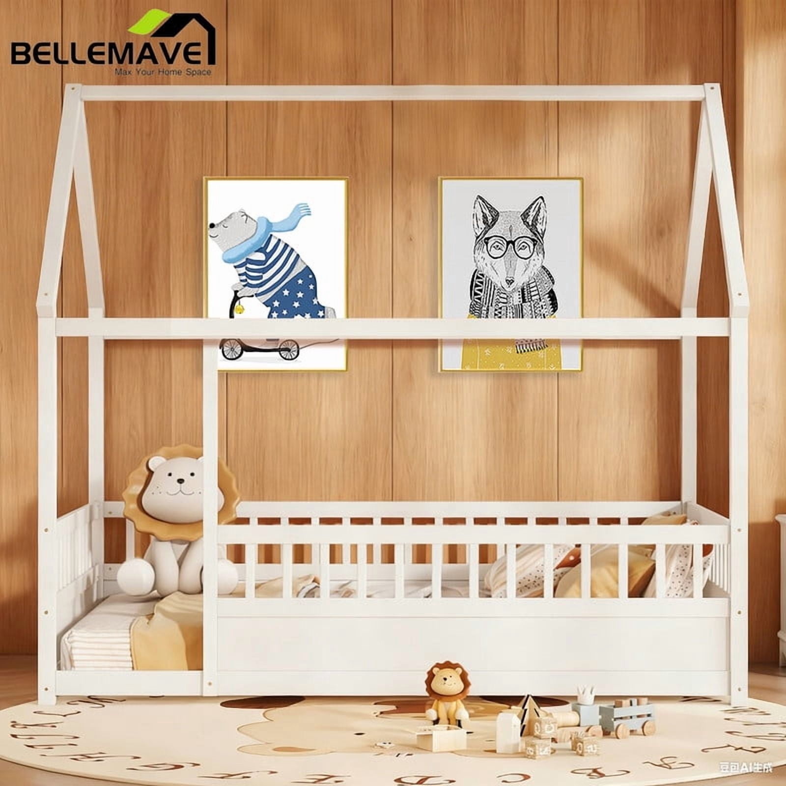 Bellemave Full Size House Floor Bed, Wood Full House Bed with Fence, Safe Playhouse Montessori Floor Bed, White