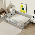 thumbnail image 1 of Bellemave Full Size Floor Beds with Door, Wood Montessori Bed with Fence Railings & Support Slats, No Box Spring Needed (Gray), 1 of 8