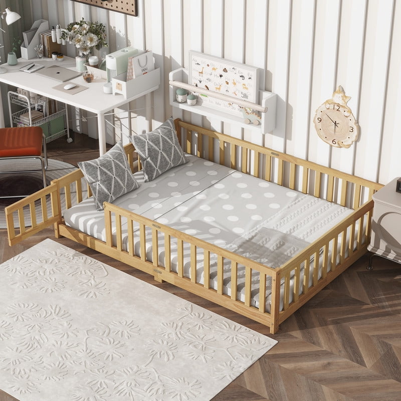 Bellemave Full Size Floor Beds with Door, Wood Montessori Bed with Fence Railings & Support Slats, No Box Spring Needed (Natural)