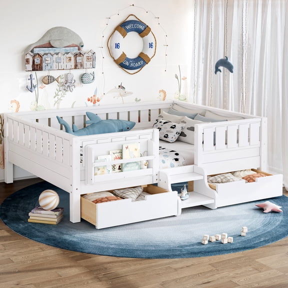 Bellemave Full Size Floor Bed with Built-in Bookshelves and Storage Drawers, Wood Montessori Floor Bed frame with Safety Staircase and Rails, White