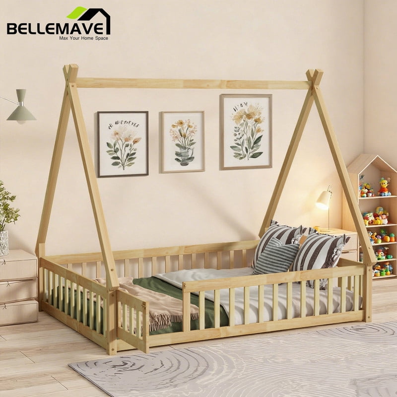 Bellemave Full Size Floor Bed with Door, Teepee Tent Bed Beds, Full Montessori Floor Bed with Guardrails, Wood House Bed with Slats, Natural
