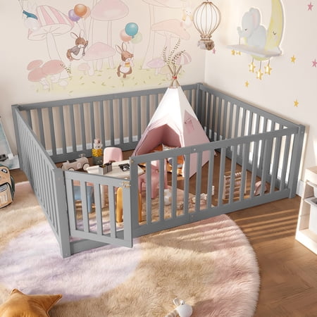 Bellemave Full Size Floor Bed with Door and Fence, Montessori Floor Bed Full, Wood Floor Bed with High Guardrails, Grey