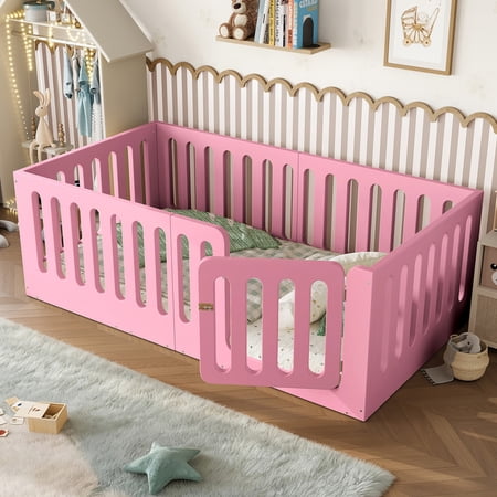 Bellemave Twin Size Montessori Floor Bed, Solid Wood Floor Bed Frame with Fence Railings & Door, Twin Playhouse Bed Easy to Assembly,Pink