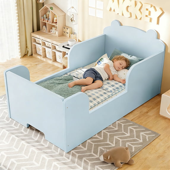 Bellemave Low Montessori 2-in-1 Beds, Wood Small Floor Bed Frame with Cute Ear Shaped Headboard for Aged 3-6 Years, No Box Spring Needed, Blue