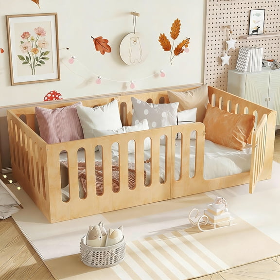 Bellemave Twin Size Montessori Floor Bed, Solid Wood Floor Bed Frame with Fence Railings & Door, Twin Playhouse Bed Easy to Assembly,Natural