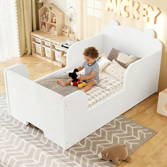 Bellemave Low Montessori 2-in-1 Beds, Wood Small Floor Bed Frame with Cute Ear Shaped Headboard for Aged 3-6 Years, No Box Spring Needed, White