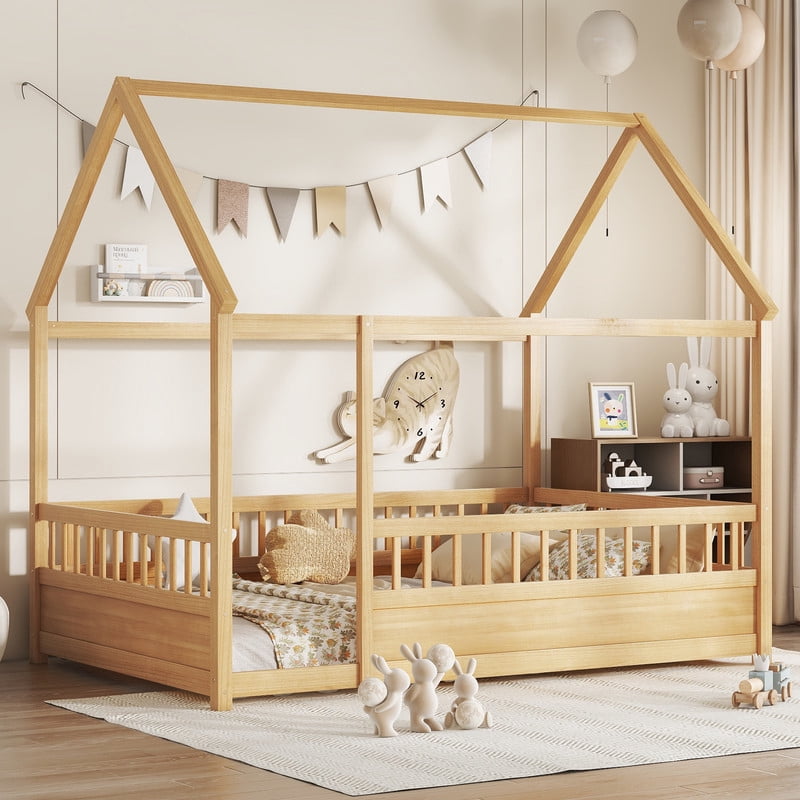 Bellemave Full Size Montessori Bed, Wood Twin House Beds with Fence, Floor Bed with Roof for Bedroom Playroom（Natural）
