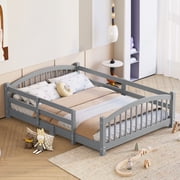 Bellemave Full Floor Bed with Safety Guardrails, Montessori with Rails and Openings, Full Size Bed Frame with Fence and Slats, No Box Spring NeededGray