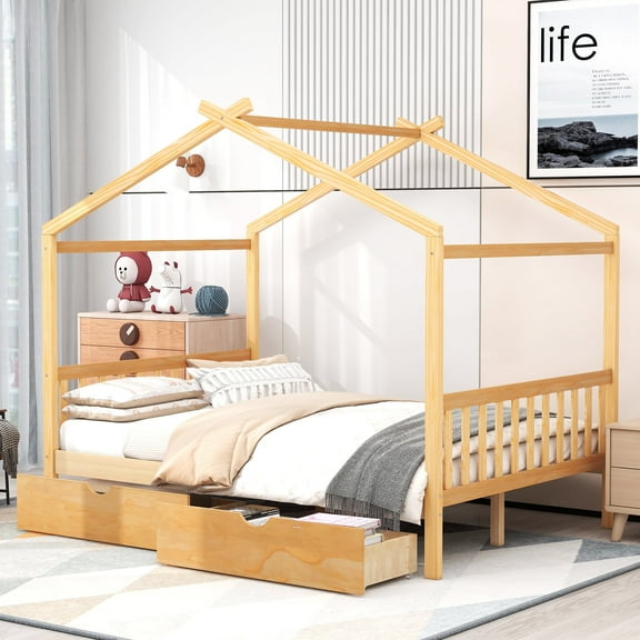 Bellemave Full Size House Bed with Roof,Full Low Platform Bed Frame with 2 Drawers,Solid Wood Storage Bed,Can be Decorated(Natural,Full)