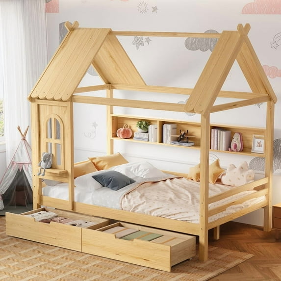 Bellemave Full Size House Bed with Storage Drawers, Wooden Montessori Bed with Shelves and Fence Rails, Full Bed Frame with Window for Bedroom, No Box Spring Needed,Natural