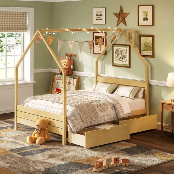 Bellemave Full Size Montessori Bed with Storage Drawers, Wooden House Bed with Headboard, Full Platform Bed Frame with Roof for Kids, No Box Spring Needed, Natural