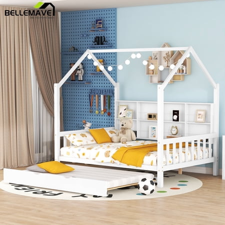 Bellemave Full Size House Bed with Trundle and Storage Shelves,Solid Wood Playhouse Bed with Roof,Montessori Platform Bed Frame for Kids, Teens,Girls,Boys(Full,White)