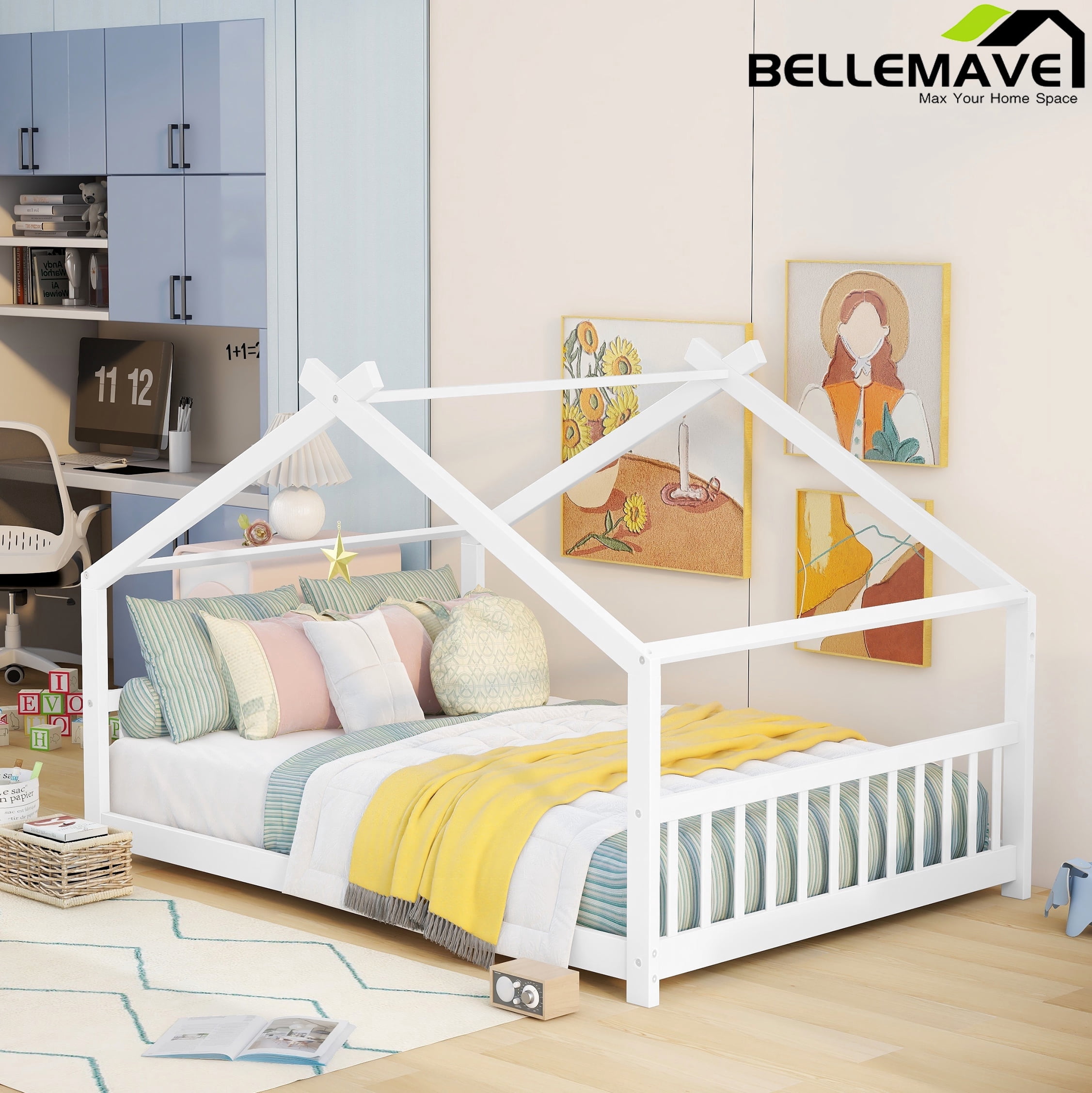 Bellemave Full Size House Bed,Wood Platform Bed with Headboard and Footboard, House Floor Bed with Roof and Slat  (White,Full)
