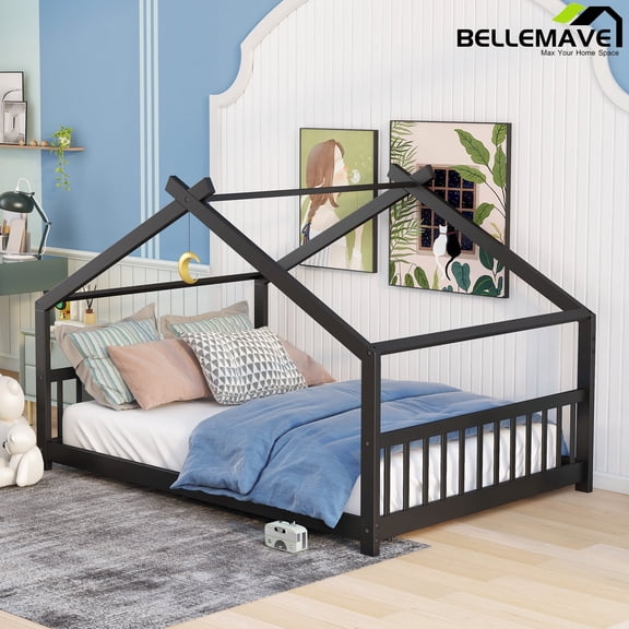 Bellemave Full Size House Bed,Wood Platform Bed with Headboard and Footboard, House Floor Bed with Roof and Slat (Espresso,Full)