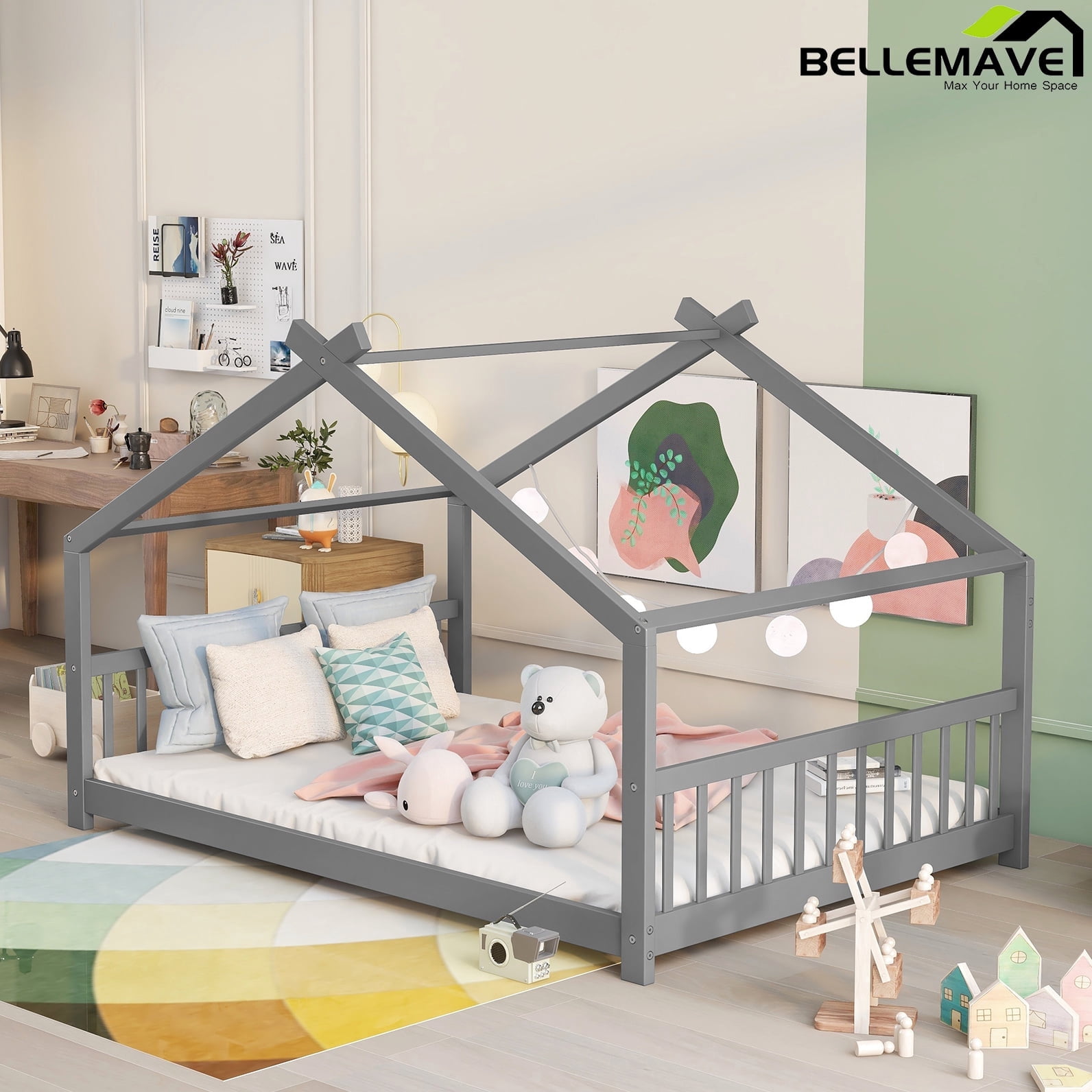 Bellemave Full Size House Bed,Wood Platform Bed with Headboard and Footboard, House Floor Bed with Roof and Slat  (Gray,Full)