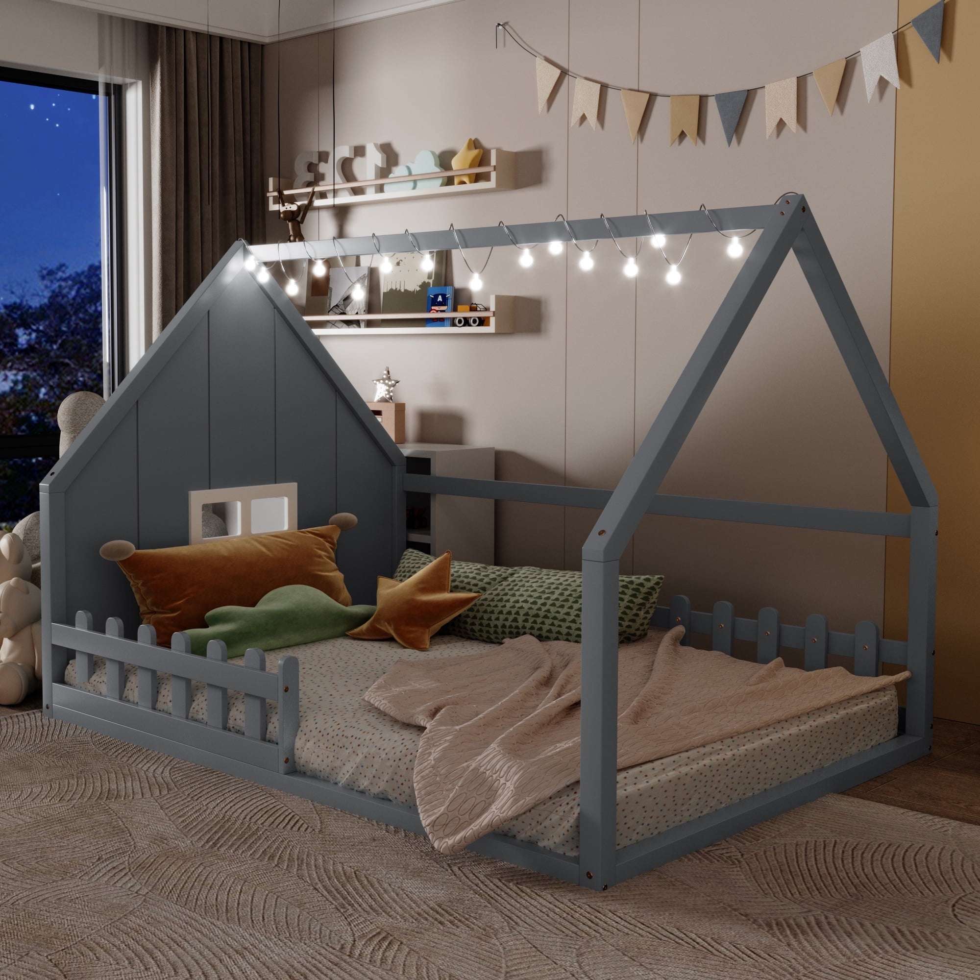 Bellemave Full Size House Bed with LED Light and Fence, Wooden Montessori Floor Bed with Window, No Box Spring Required (Gray)
