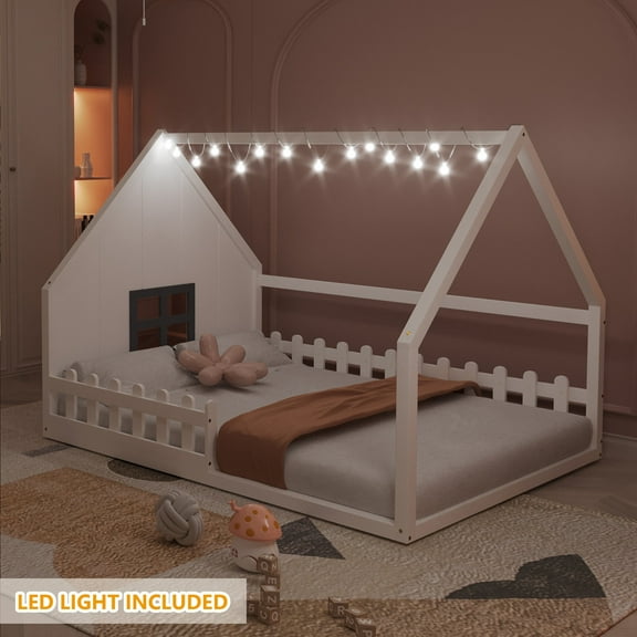 Bellemave Full Size House Bed with LED Light and Fence, Wooden Montessori Floor Bed with Window, No Box Spring Required (White)