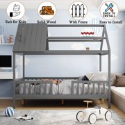 Bellemave Full Size House Bed with Semi-Roof and Full Guardrails for Girls Boys Teens,No Box Spring Needed(Gray)