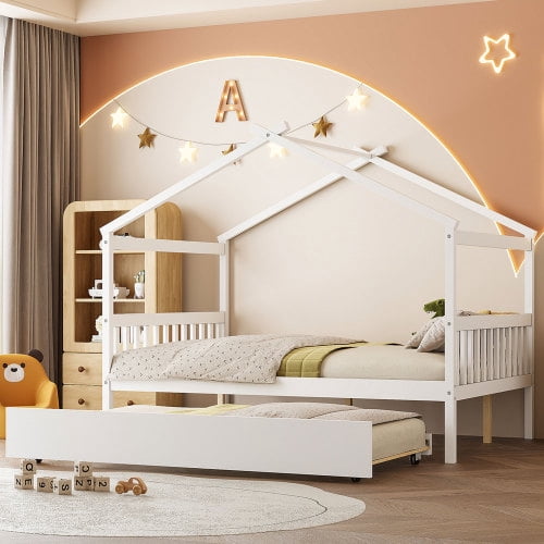 Bellemave Full Size House Bed with Trundle, Wood Platform Bed Frame with House Shape Roof for Teens (White)