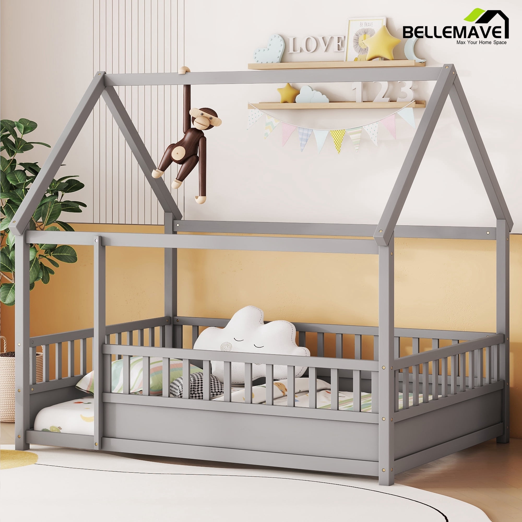 Bellemave Full Size House Floor Bed with High Fence Guardrails Wooden Playhouse Bed Frame  Floor Bed with Roof Montessori House Bed Frame, (Full, Gray)