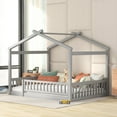 thumbnail image 1 of Bellemave Full Size House Floor Bed, Wooden Montessori Full Bed with Fence Railings and Support Slats, No Box Spring Needed (Gray), 1 of 7