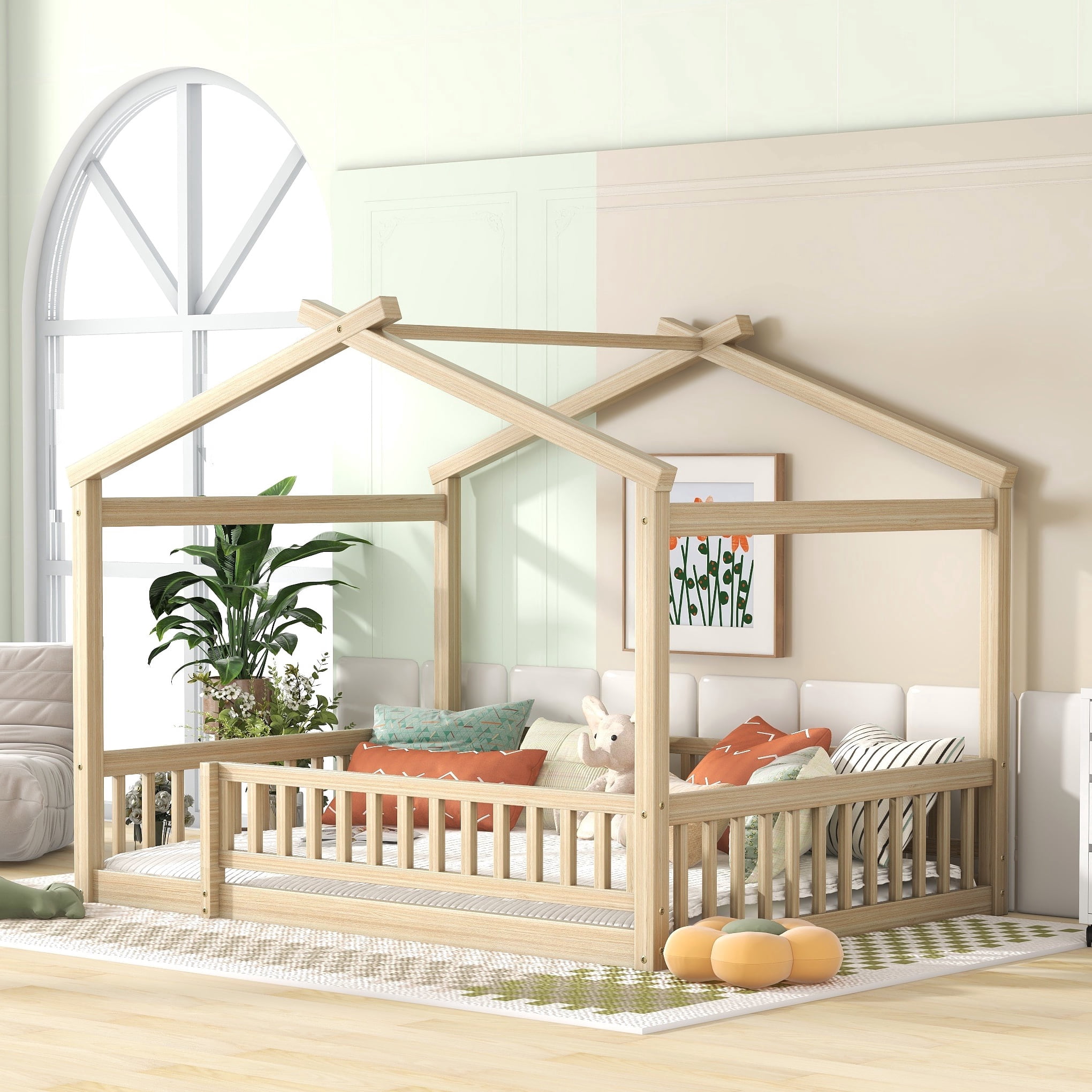 Bellemave Full Size House Floor Bed, Wooden Montessori Full Bed with Fence Railings and Support Slats, No Box Spring Needed (Natural)