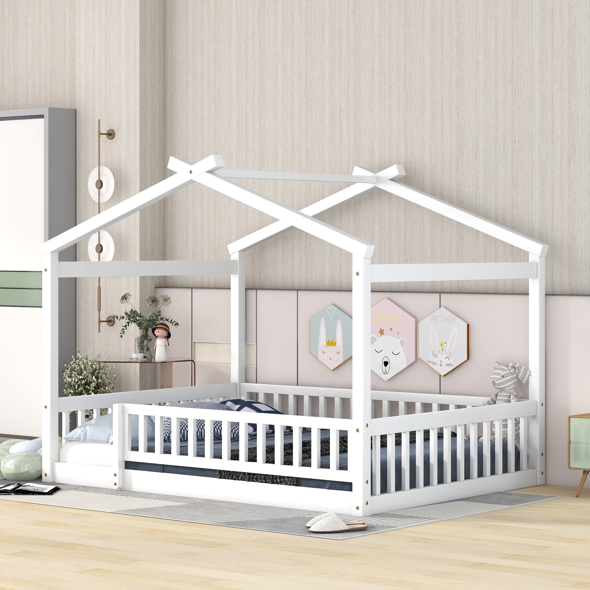 Bellemave Full Size House Floor Bed for Kids, Wooden Montessori Full Bed with Fence Railings and Support Slats, No Box Spring Needed (White)