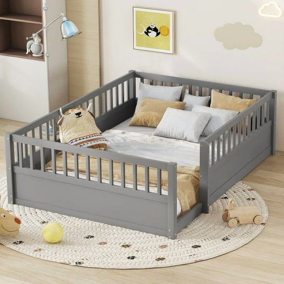 Bellemave Full Montessori Bed Frame, Wood Full Size Floor Bed with High Fence Rails, Full Beds Frame for Bedroom Playroom(Gray)