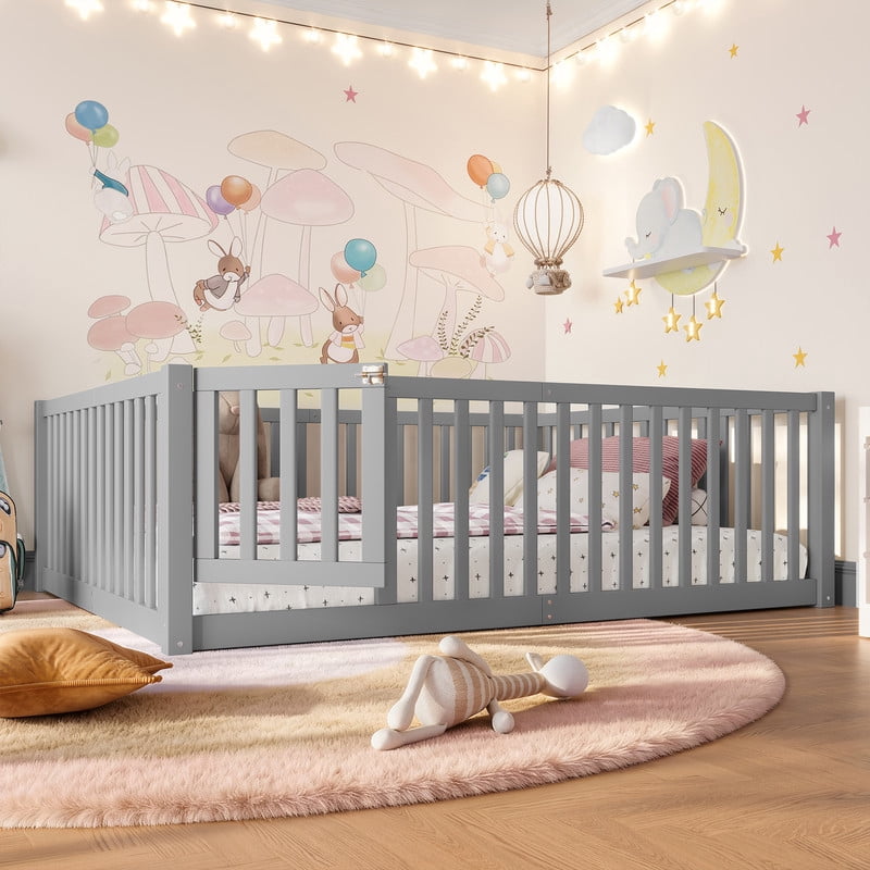 Bellemave Full Montessori Bed Frame, Wood Full Size Floor Bed with High Fence Rails, Full Beds Frame for Bedroom Playroom(Gray)