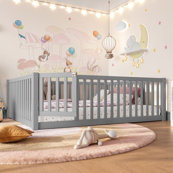 Bellemave Full Montessori Bed Frame, Wood Full Size Floor Bed with High Fence Rails, Full Beds Frame for Bedroom Playroom(Gray)