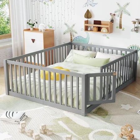 Bellemave Full Montessori Bed Frame, Wood Full Size Floor Bed with High Fence Rails, Full Beds Frame for Bedroom Playroom(Gray)