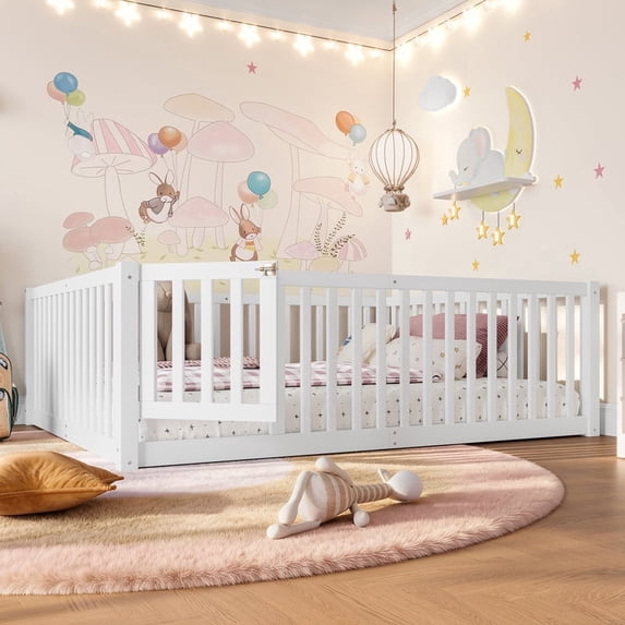 Bellemave Full Montessori Bed Frame, Wood Full Size Floor Bed with High Fence Rails, Full Beds Frame for Bedroom Playroom(White)