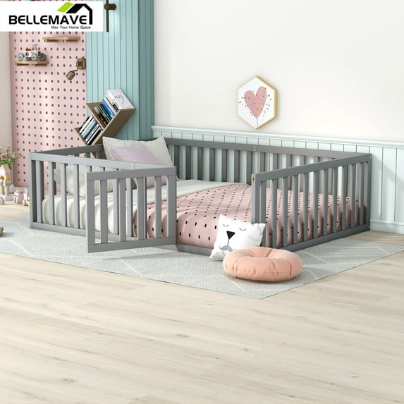 Bellemave Full Size Floor Bed with Fence and Door, Wood Montessori Bed Frame, Floor Bed Frame, Slats Not Included (Full,Gray)